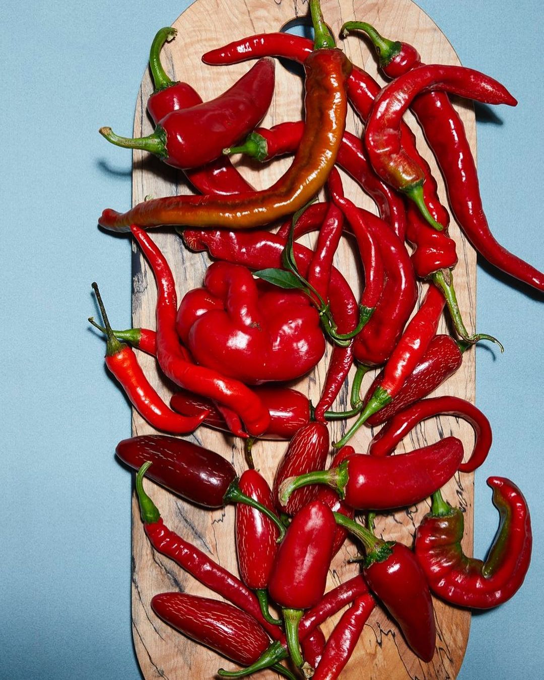 Close-up of pile of vibrant red chili peppers on light wood cutting board against a light blue background.