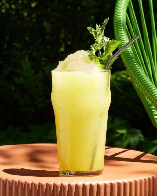 A refreshing lemon slush drink with a metal straw sits on a brown table, with green foliage in the blurry background.