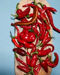 Overhead food photography of vibrant red chilli peppers scattered across a wooden cutting board against a pale blue background.