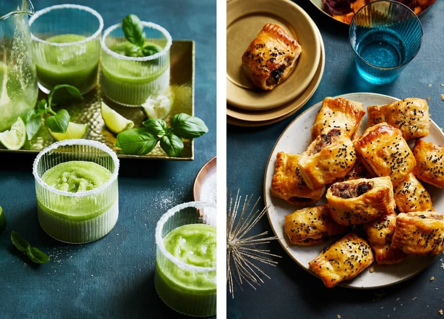 A split food photography composition featuring refreshing green cocktails with limes and savory sausage rolls on plates against a blue backdrop.