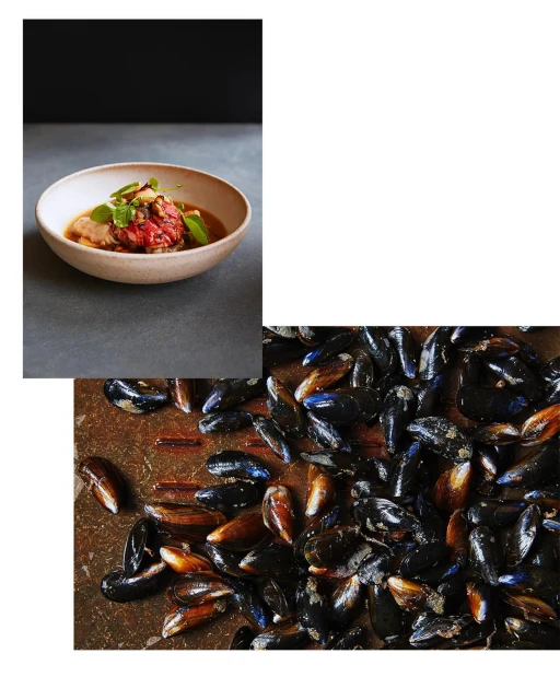 Food photography of mussels and a dish featuring meat with garnishes, presented against a dark background, under studio lighting.