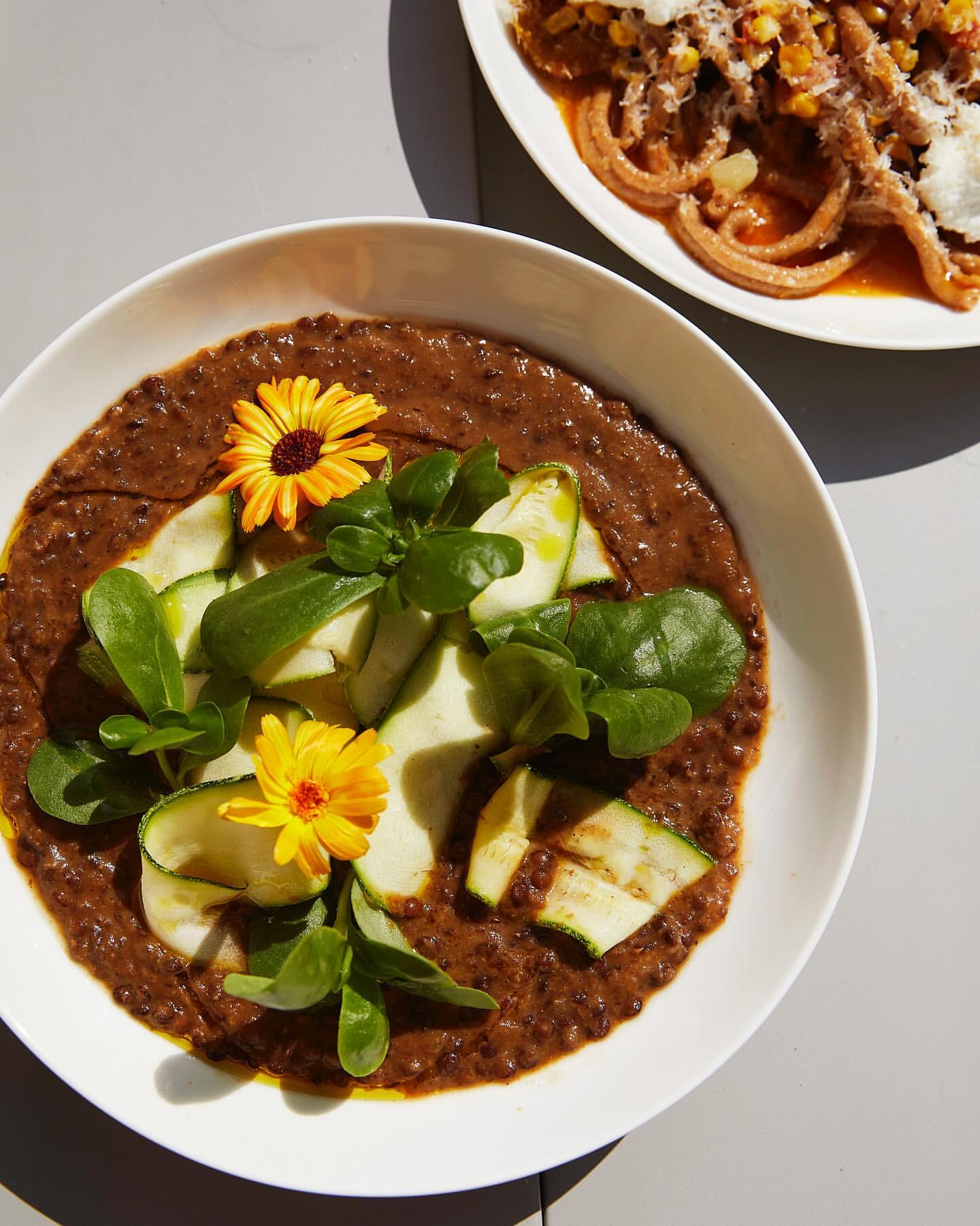 Overhead shot of two plates with pasta. One plate has spiral pasta with sauce, zucchini and flowers. The other has a tomato sauce.