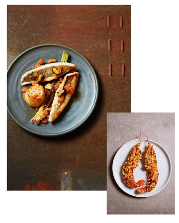 Food photography of seafood plates with grilled fish and lobster tails on a rustic textured surface, in a studio setting.