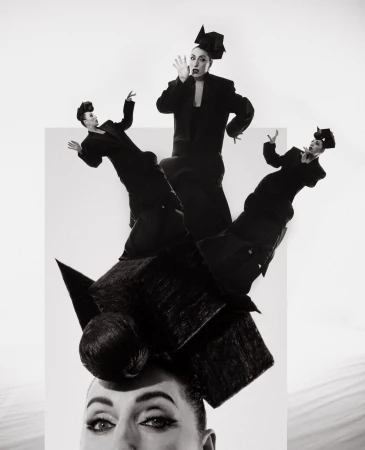 Black and white art photography features woman with elaborate headpiece and multiple full-body reflections against a stark white background.