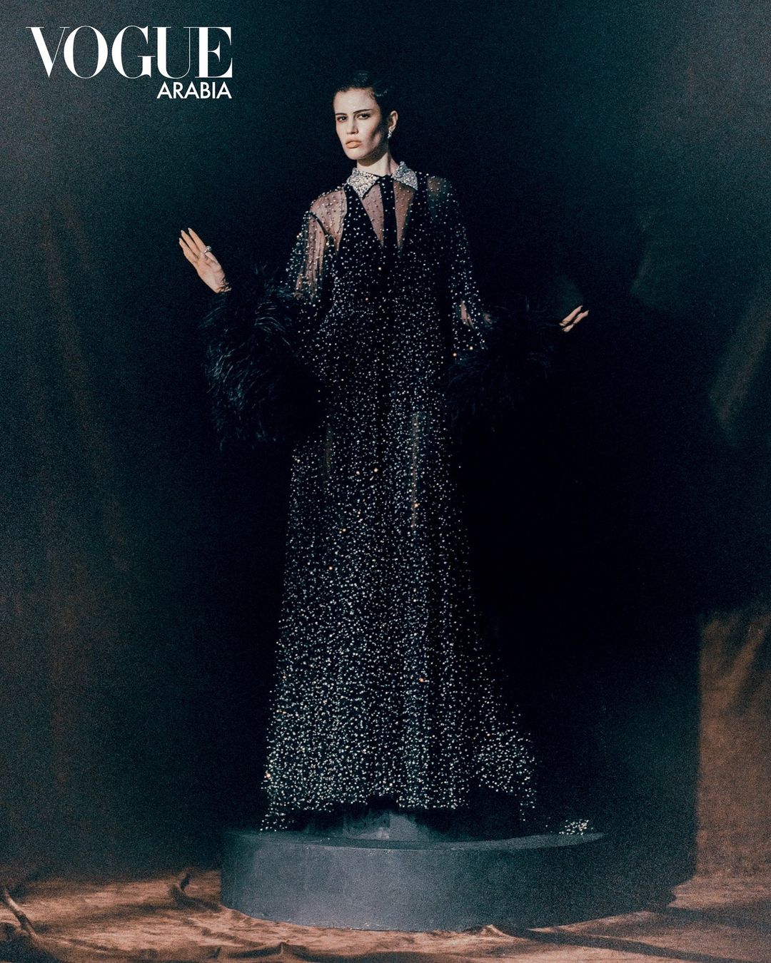 Fashion editorial shot of a model wearing a long black sparkling gown with feather sleeves in front of a dark backdrop.