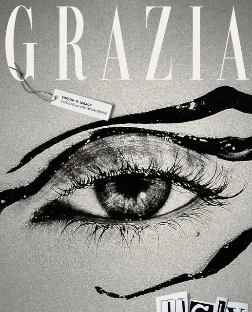 Grazia magazine cover with a close-up of a human eye, bold typography, and a tag with 'Edition 17 Legacy' written on it.
