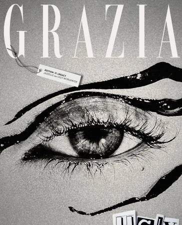 Grazia magazine cover with a close-up of a human eye, bold typography, and a tag with 'Edition 17 Legacy' written on it.