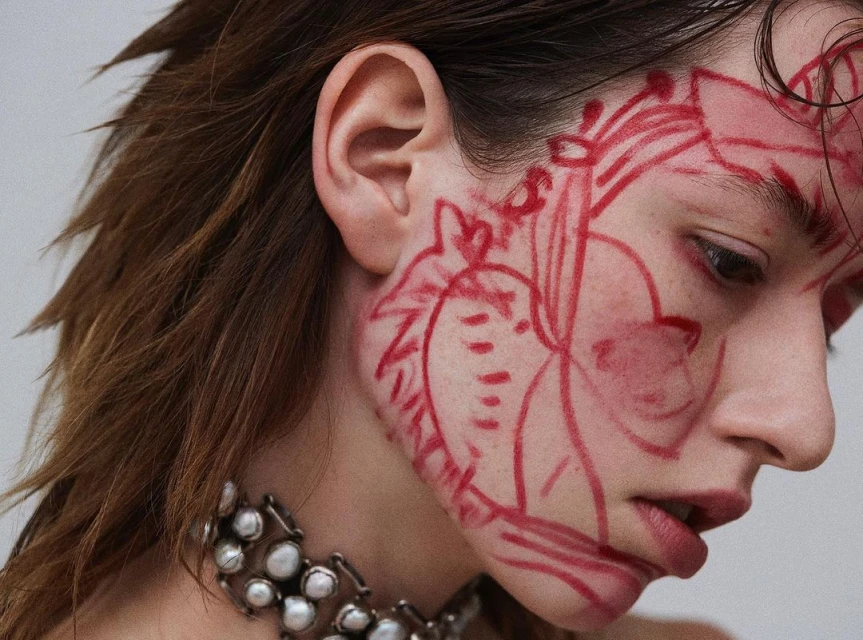 Close-up portrait of a young woman with red face paint and pearl necklace, facing down. Her hair is wet and styled back.
