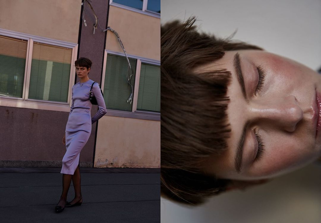 Woman in lavender dress stands outside with a purse, contrasted with a close-up portrait of a woman with closed eyes and brown hair.
