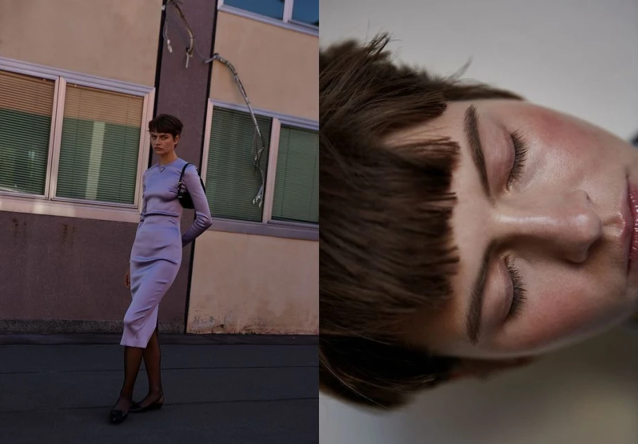 Woman in lavender dress stands outside with a purse, contrasted with a close-up portrait of a woman with closed eyes and brown hair.