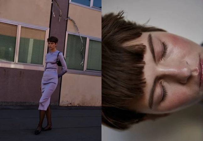 Diptyque image featuring a model in a lavender dress standing outside a building alongside a close-up portrait shot.