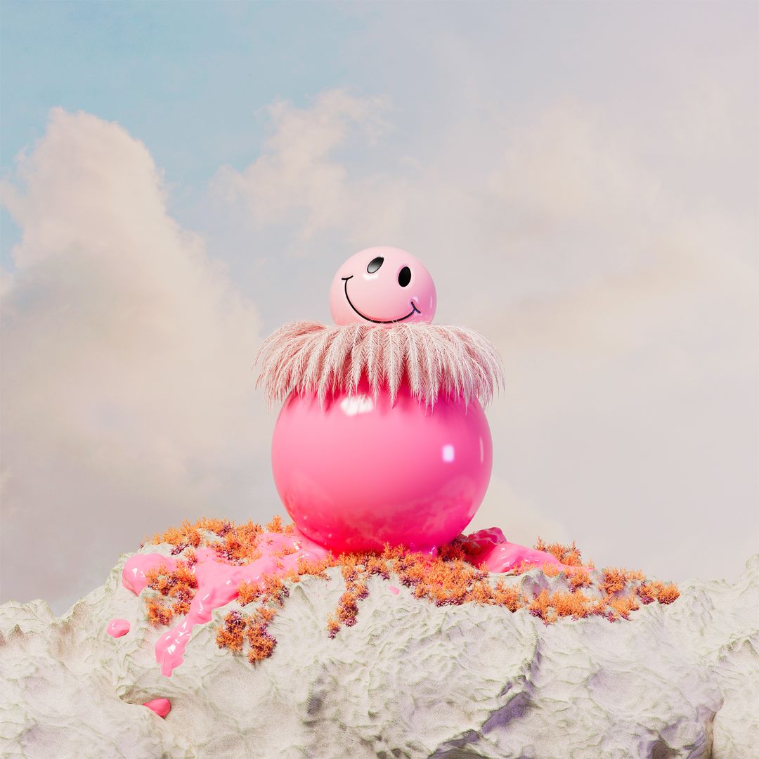 A 3D rendered sphere with a smiley face sits on a cloud-like structure with pink drip accents against a cloudy sky backdrop.