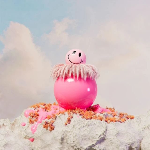 A 3D rendered sphere with a smiley face sits on a cloud-like structure with pink drip accents against a cloudy sky backdrop.