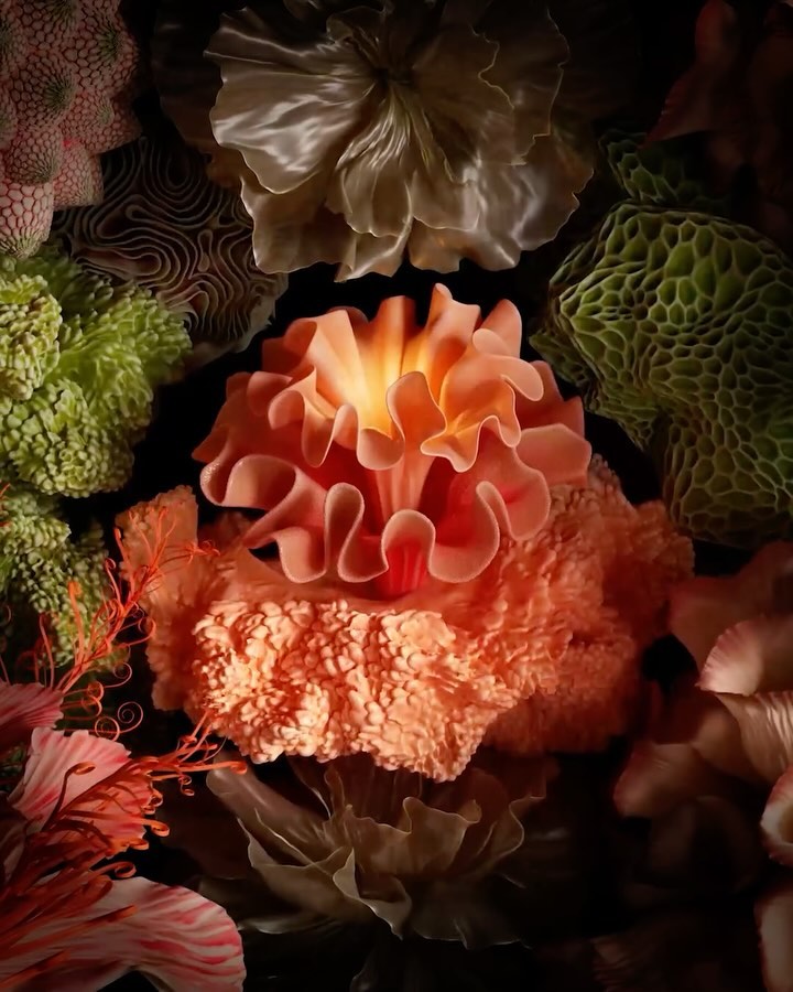 Artistic image of layered floral structures in shades of green, orange, and white against a dark background with dramatic lighting.
