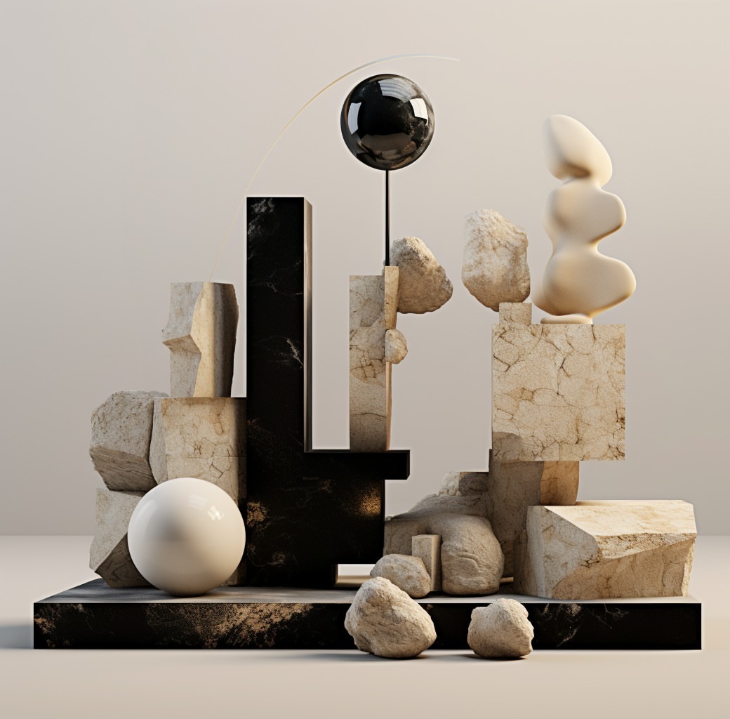 Abstract geometric composition featuring black, tan, and white stone shapes, along with a sphere, arranged on a marble-like surface.