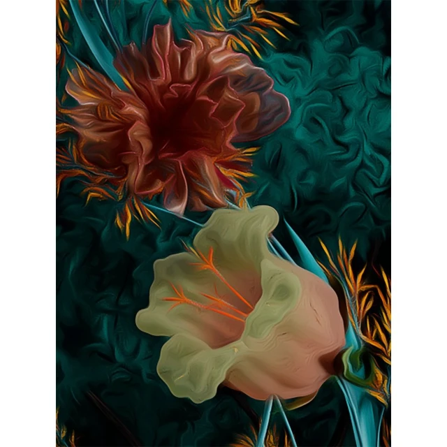 Painterly illustration of two blooms in soft peach and maroon hues set against a mottled teal and dark green background.
