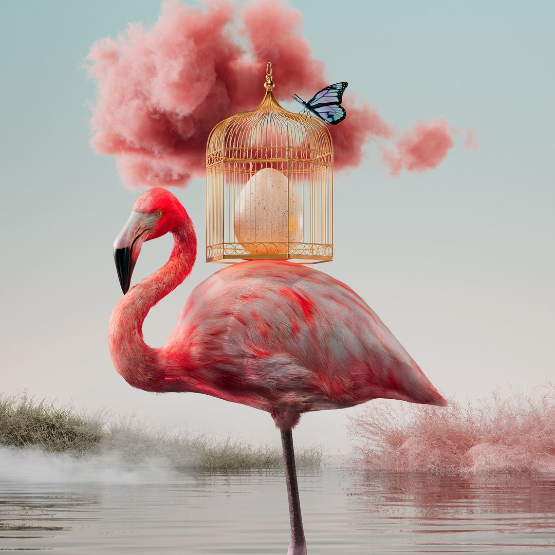 Pink flamingo standing in water with a golden cage and a butterfly. Pink clouds and wetland plants in the background.