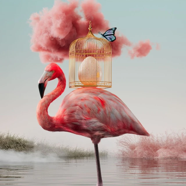 Pink flamingo standing in water with a golden cage and a butterfly. Pink clouds and wetland plants in the background.