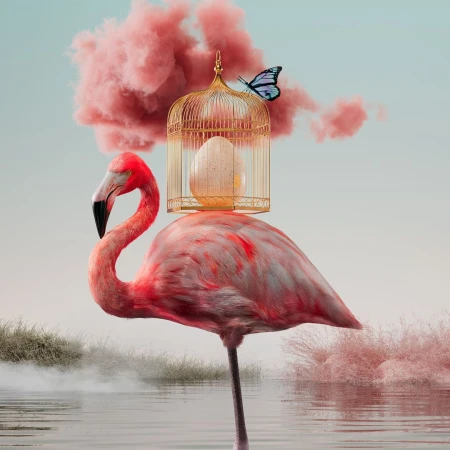 Pink flamingo standing in water with a golden cage and a butterfly. Pink clouds and wetland plants in the background.