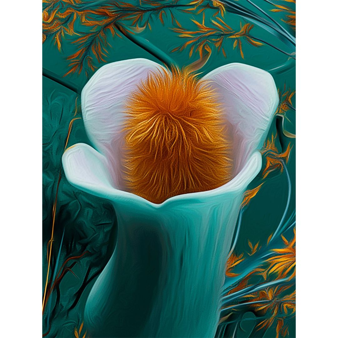 An artistic rendition of a unique flower with a fluffy orange center and white petals, set against a rich teal background with decorative foliage.
