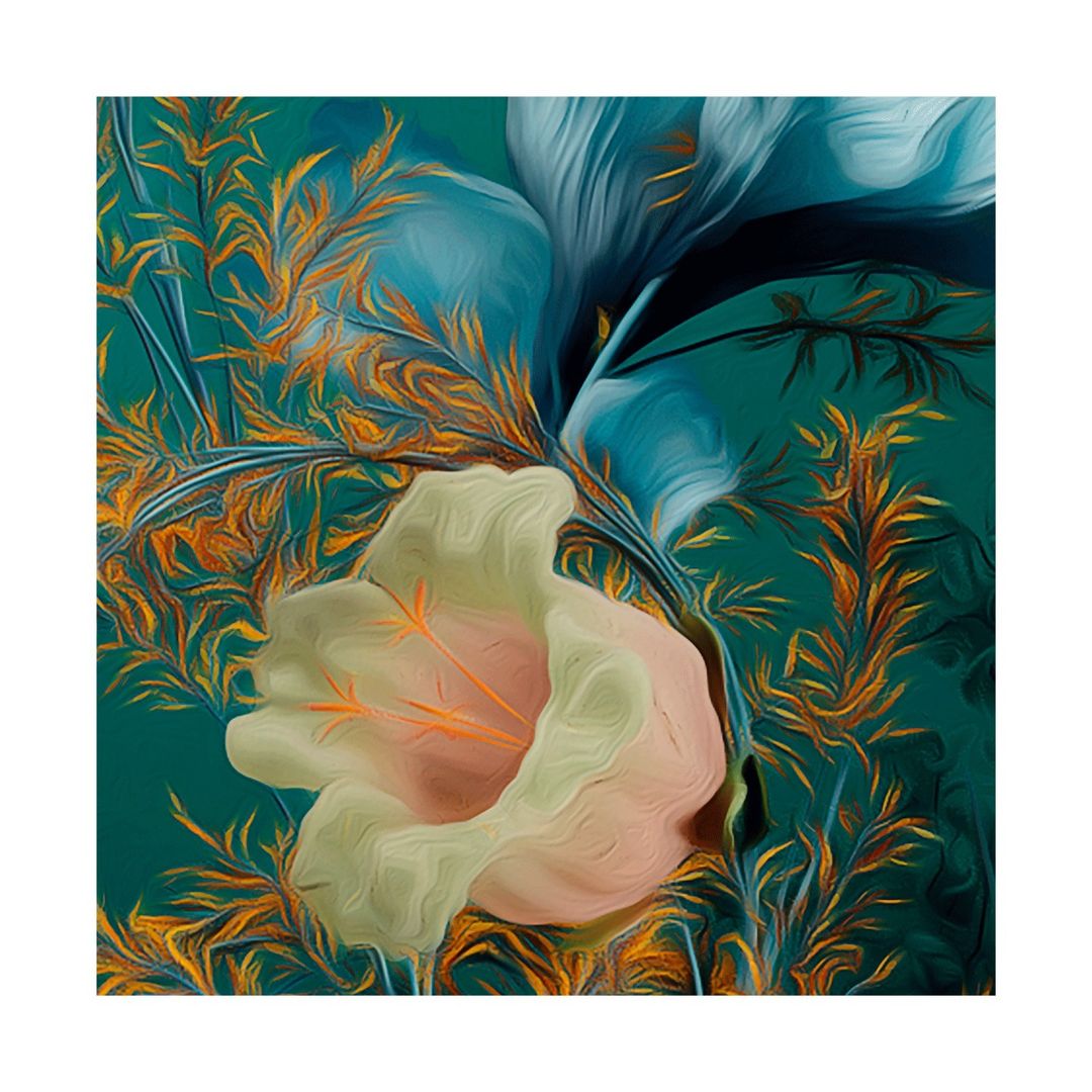 Artistic depiction of a blooming flower with peach-colored stamen, set against a lush background of teal and gold foliage.