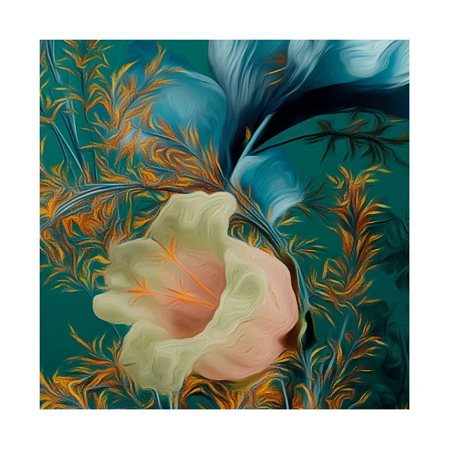 Artistic depiction of a blooming flower with peach-colored stamen, set against a lush background of teal and gold foliage.