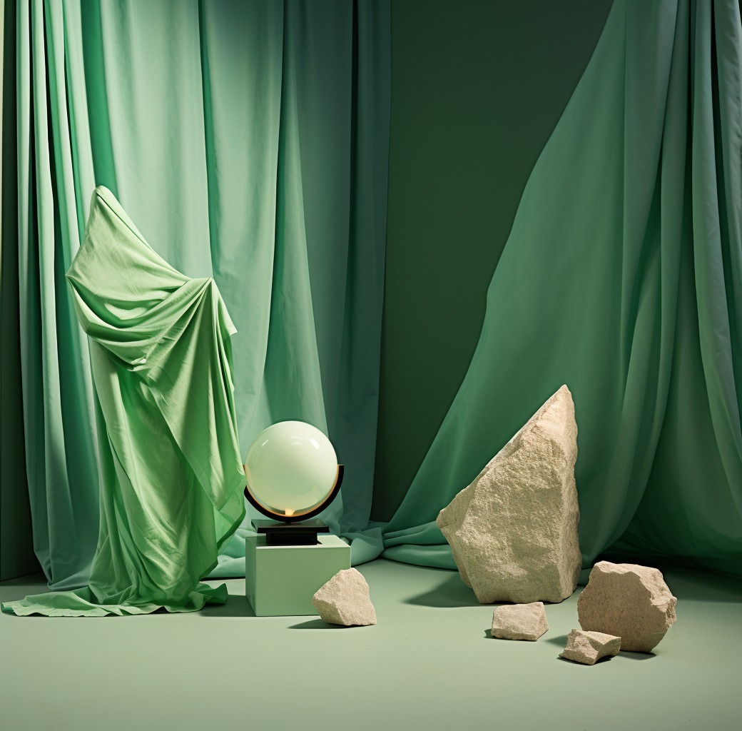 Studio shot featuring a draped fabric figure standing on a block next to a globe lamp, accompanied by various sizes of stones.