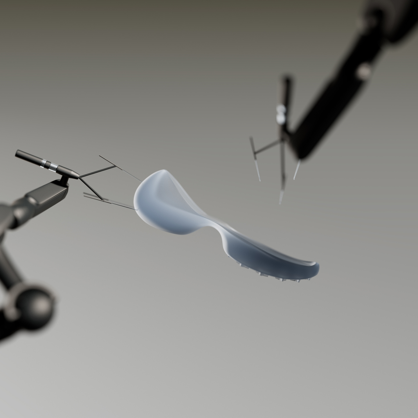 Abstract computer-generated image with a spoon-shaped object held by robotic arms against a gradient gray backdrop, showcasing digital artistry.