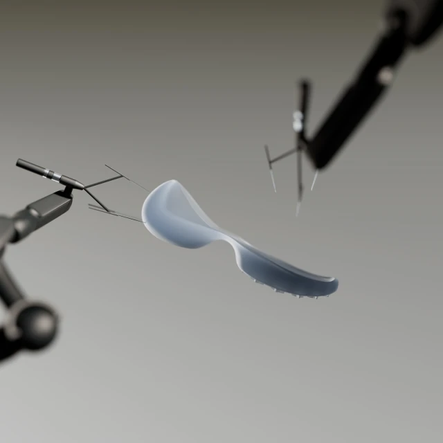 Abstract computer-generated image with a spoon-shaped object held by robotic arms against a gradient gray backdrop, showcasing digital artistry.