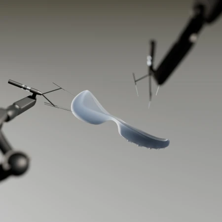 Abstract computer-generated image with a spoon-shaped object held by robotic arms against a gradient gray backdrop, showcasing digital artistry.