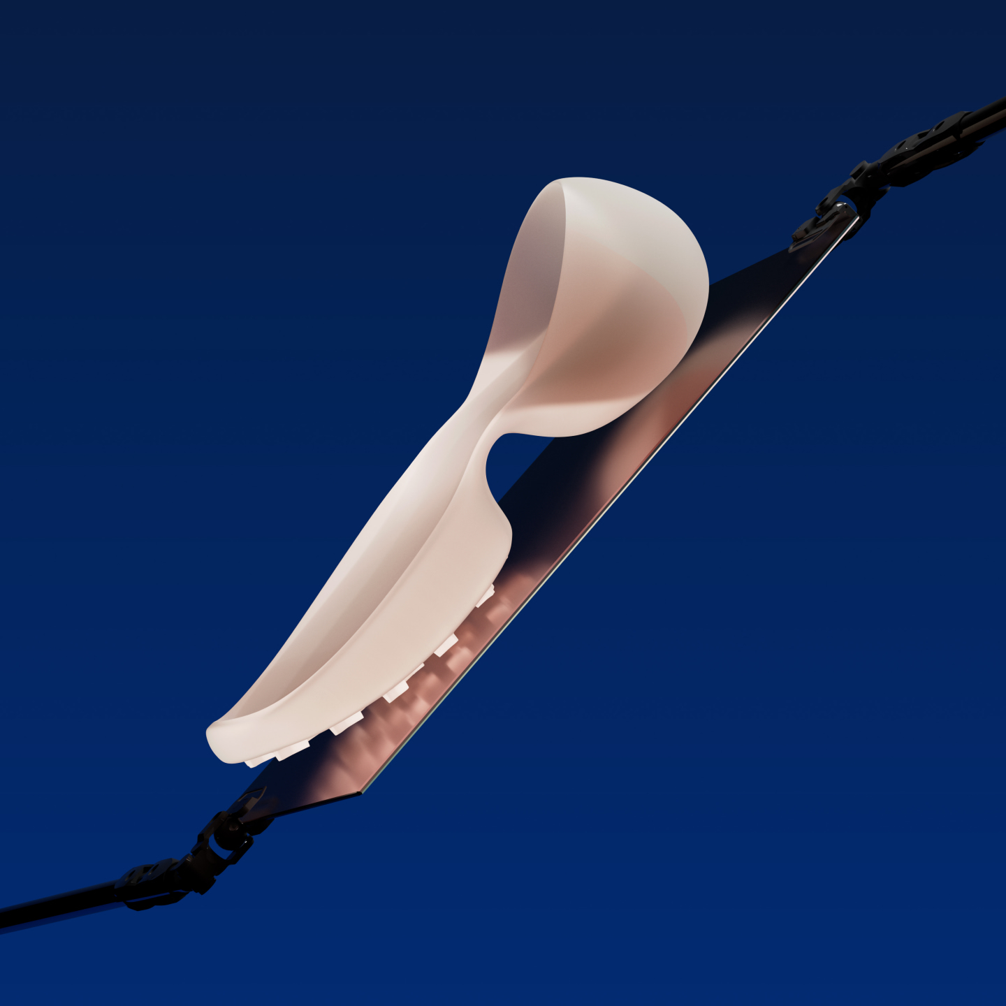 Abstract product shot of white shoe insert on a metal blade, angled against a dark blue background, showcasing design and product details.
