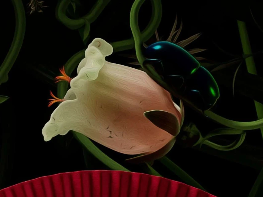Illustration of a vibrant green beetle on a light pink flower against a dark background, showcasing an eye-level perspective.