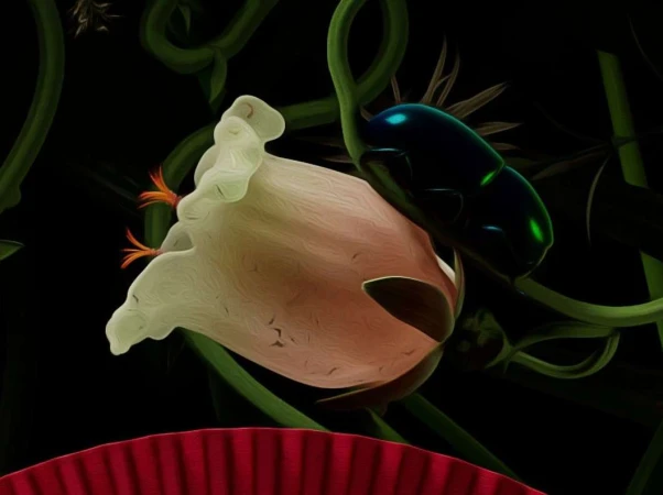 Illustration of a vibrant green beetle on a light pink flower against a dark background, showcasing an eye-level perspective.