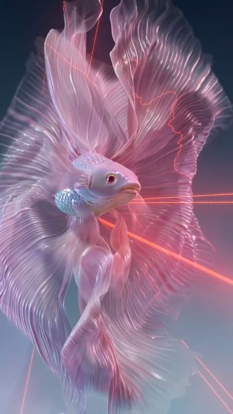 Elegant betta fish with flowing fins, rendered in soft pink and blue hues, enhanced by subtle linear red light accents against a dark backdrop.