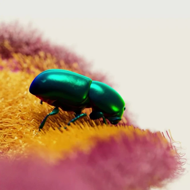 Macro image of a shiny green-blue beetle crawling on a textured yellow and pink organic surface against a soft gradient white background.