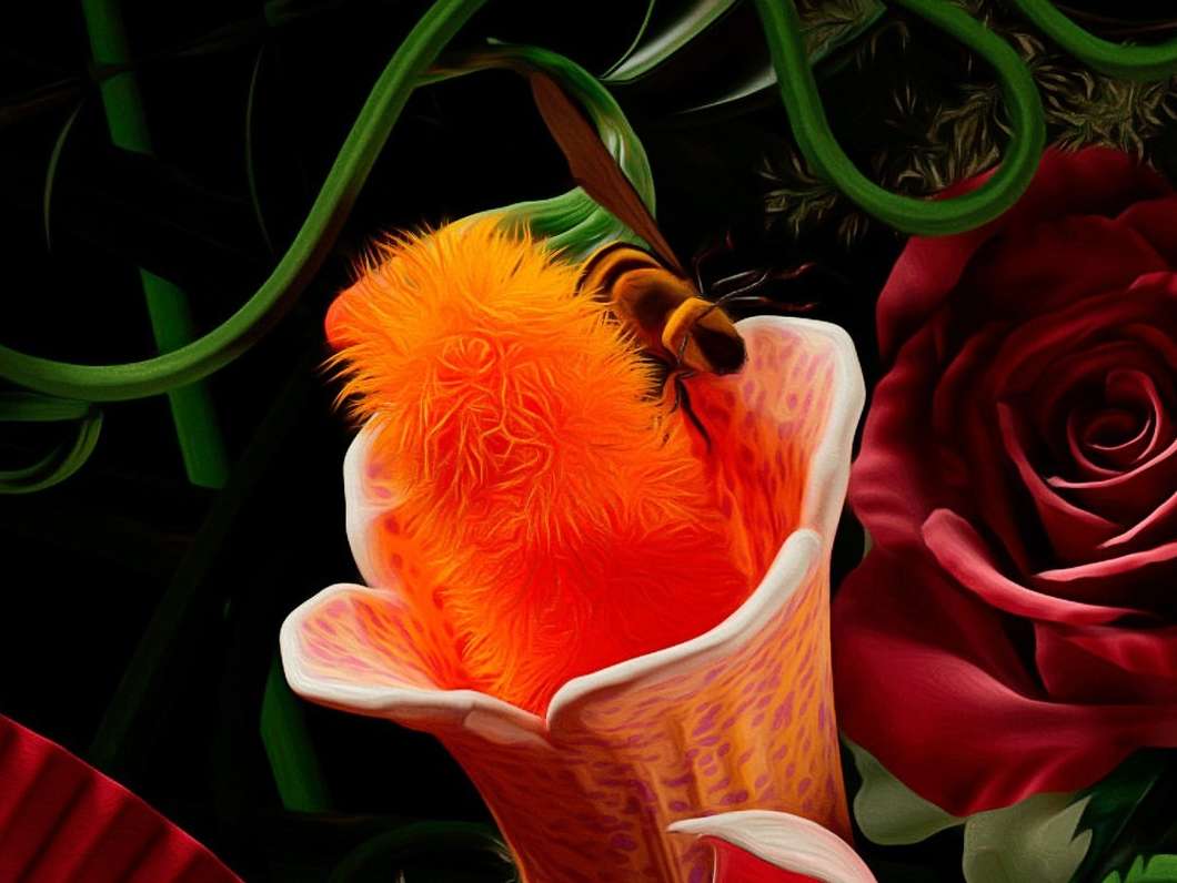Close-up of an orange calla lily with a bee collecting pollen, set against a backdrop of roses and green vines in a digitally enhanced style.