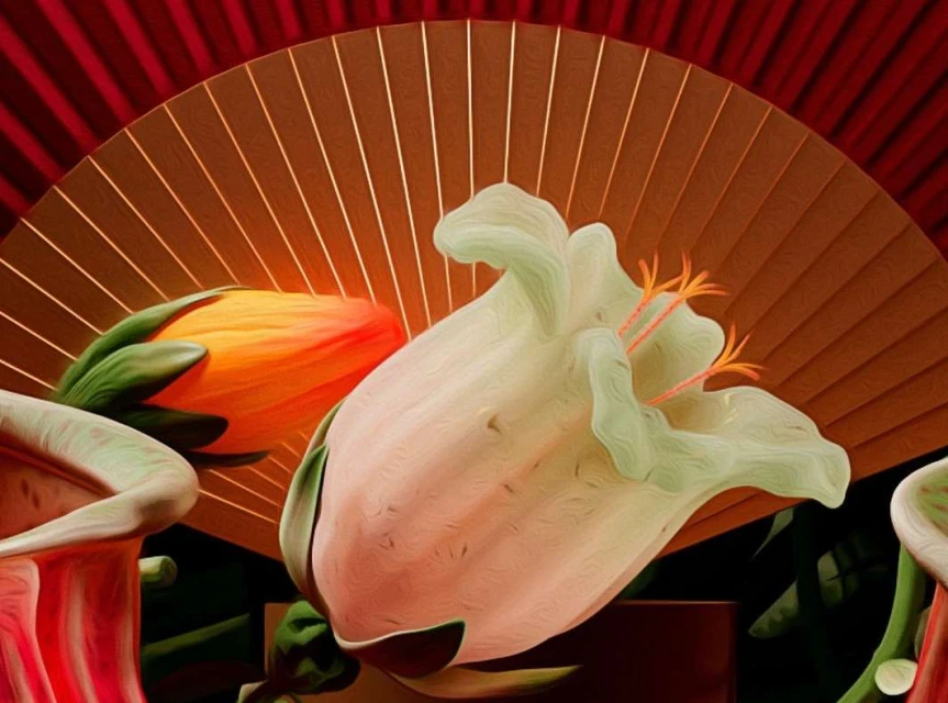 Illustration of a bouquet of white lily flowers with orange accents and green leaves against a brown, ribbed fan-shaped background.