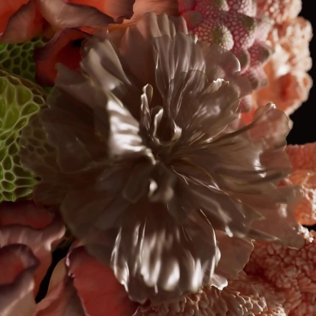 Macro shot of a tan flower in full bloom with textured petals, alongside coral-colored and green textured botanical elements.