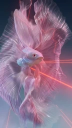 3D rendered pink betta fish with flowing translucent fins intersected by sharp red laser beams against a dark gradient background.
