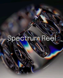 Close-up CGI render of a reflective metallic ring featuring prismatic light refractions and the text Spectrum Reel