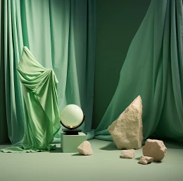 3D render of a green draped fabric sculpture, a glowing sphere lamp, and pale stone chunks on a monochrome green surface.