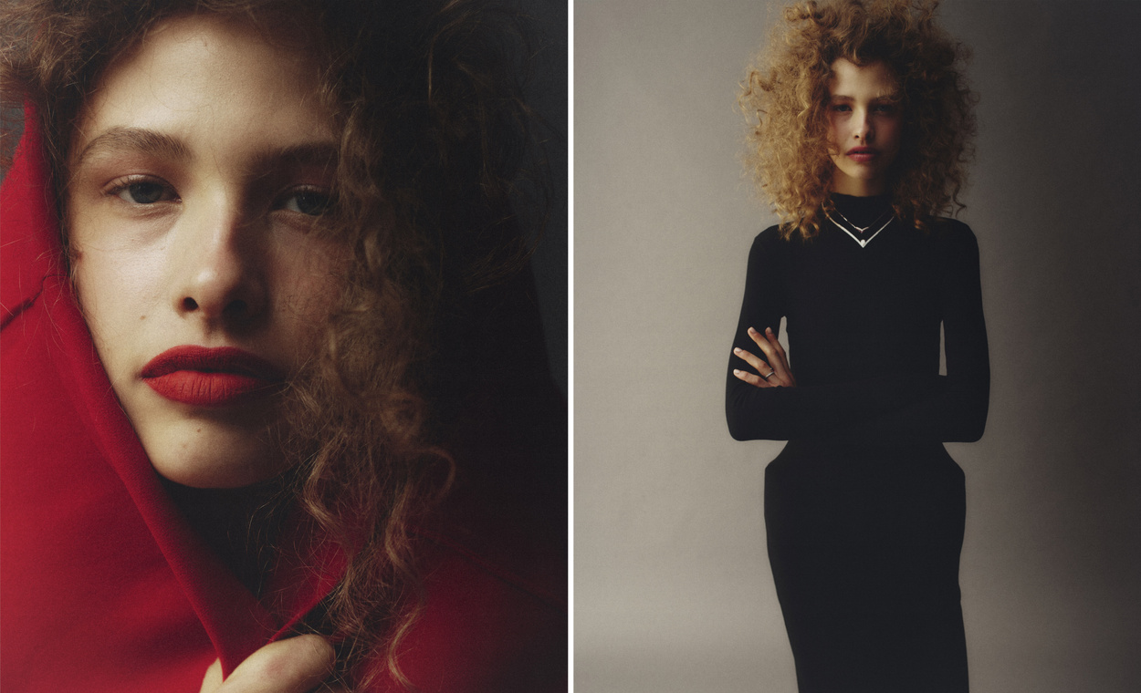 Two portraits of a female model with red lipstick and curly hair, wearing a black dress and red hooded garment, set against a plain background.