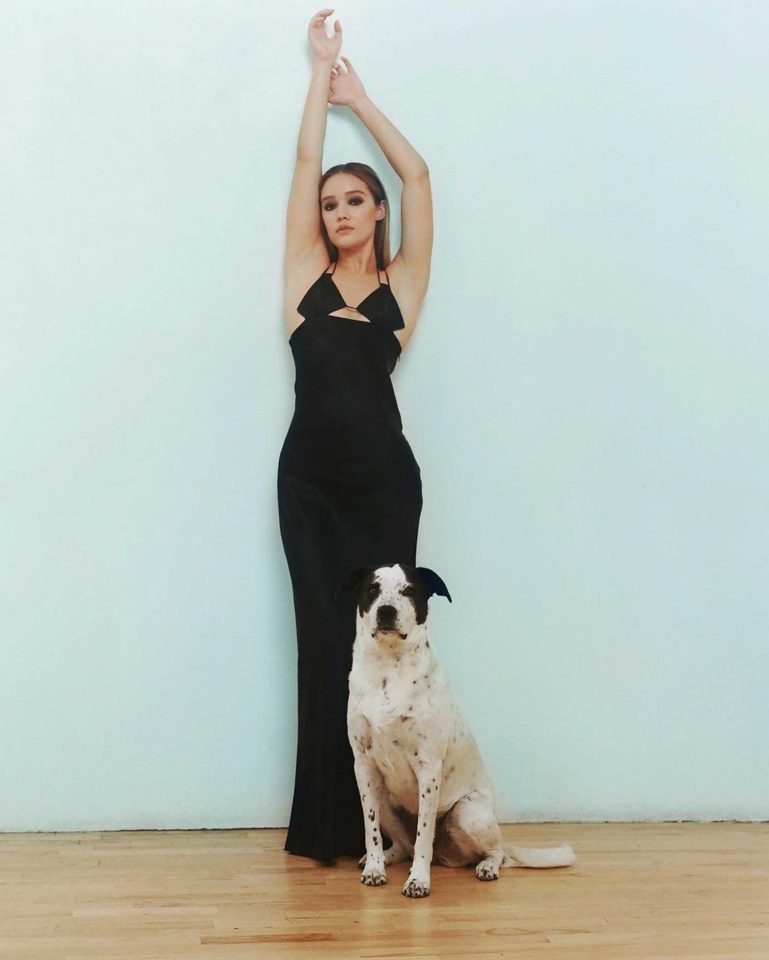 Adult female in long black dress poses in photo studio with dalmatian mix dog sitting, arms raised against blue wall and wood floor.