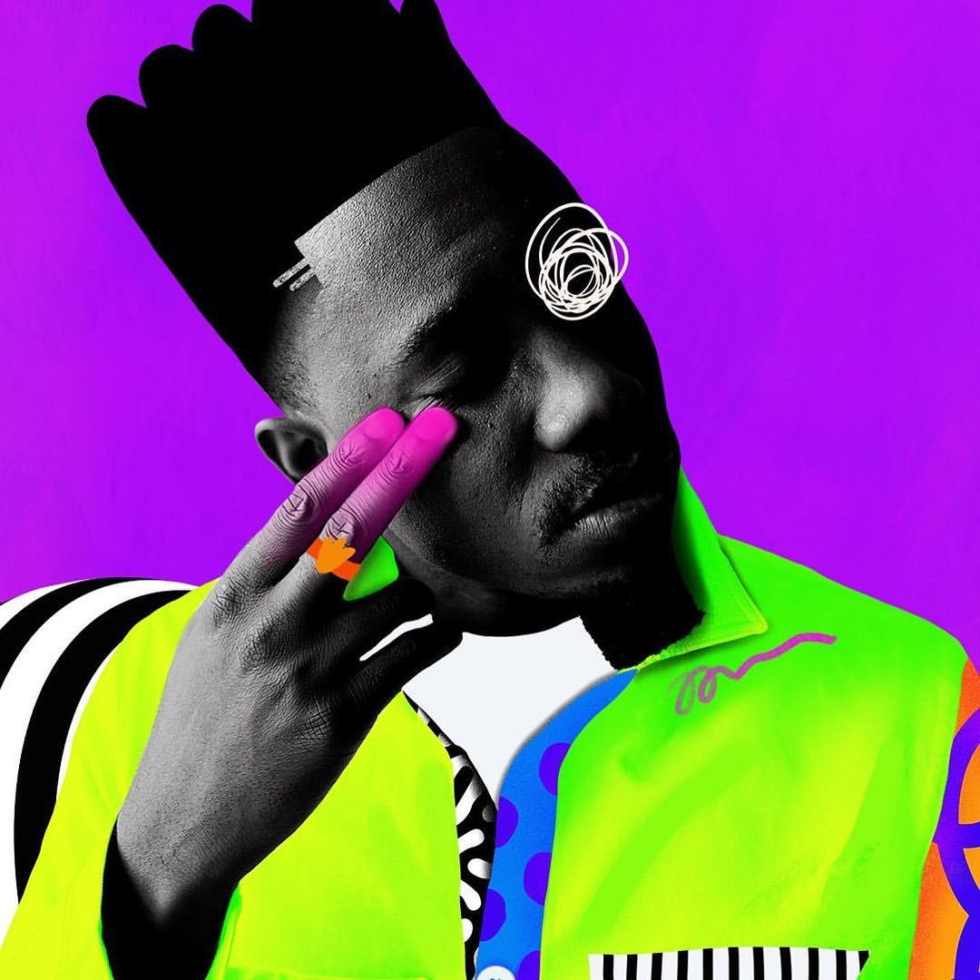 Portrait of a Black man with graphic elements in bright colors, wearing a neon green jacket, set against a purple backdrop.