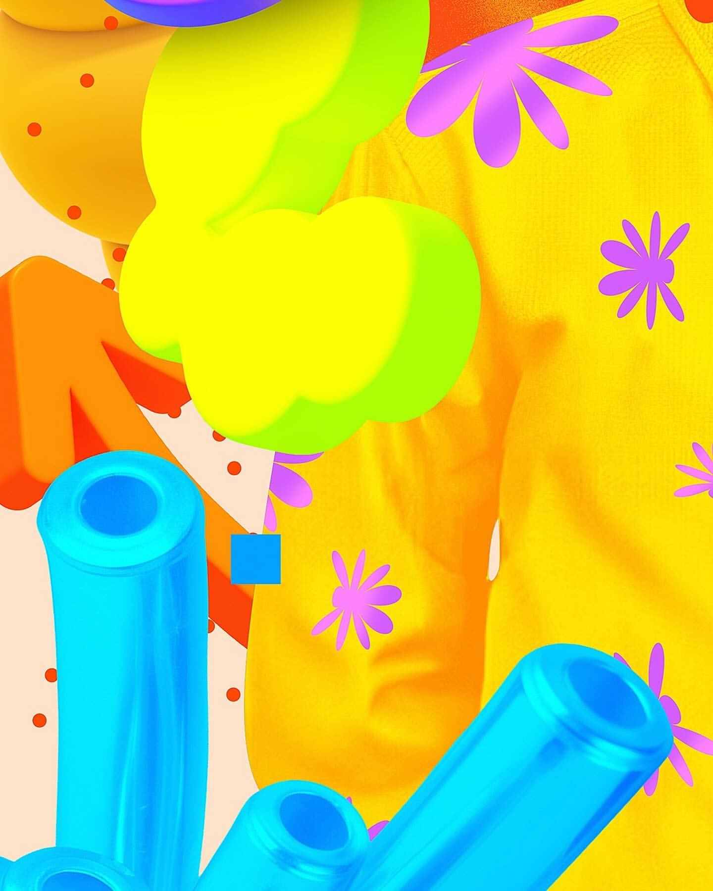 Abstract digital art featuring bright yellow fabric with flower print, blue cylindrical shapes, and green and orange cartoon shapes.