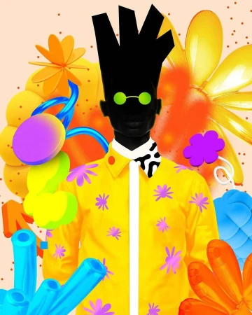 Creative digital art of a figure with an elongated head, wearing a yellow floral shirt, surrounded by colorful shapes and a light background.