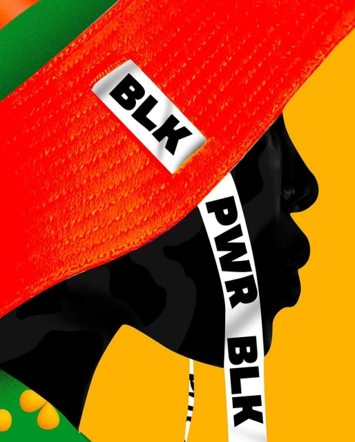 Illustration of a Black silhouette face in profile with orange hat and white straps, featuring text 'BLK' and 'PWR' against a yellow background.