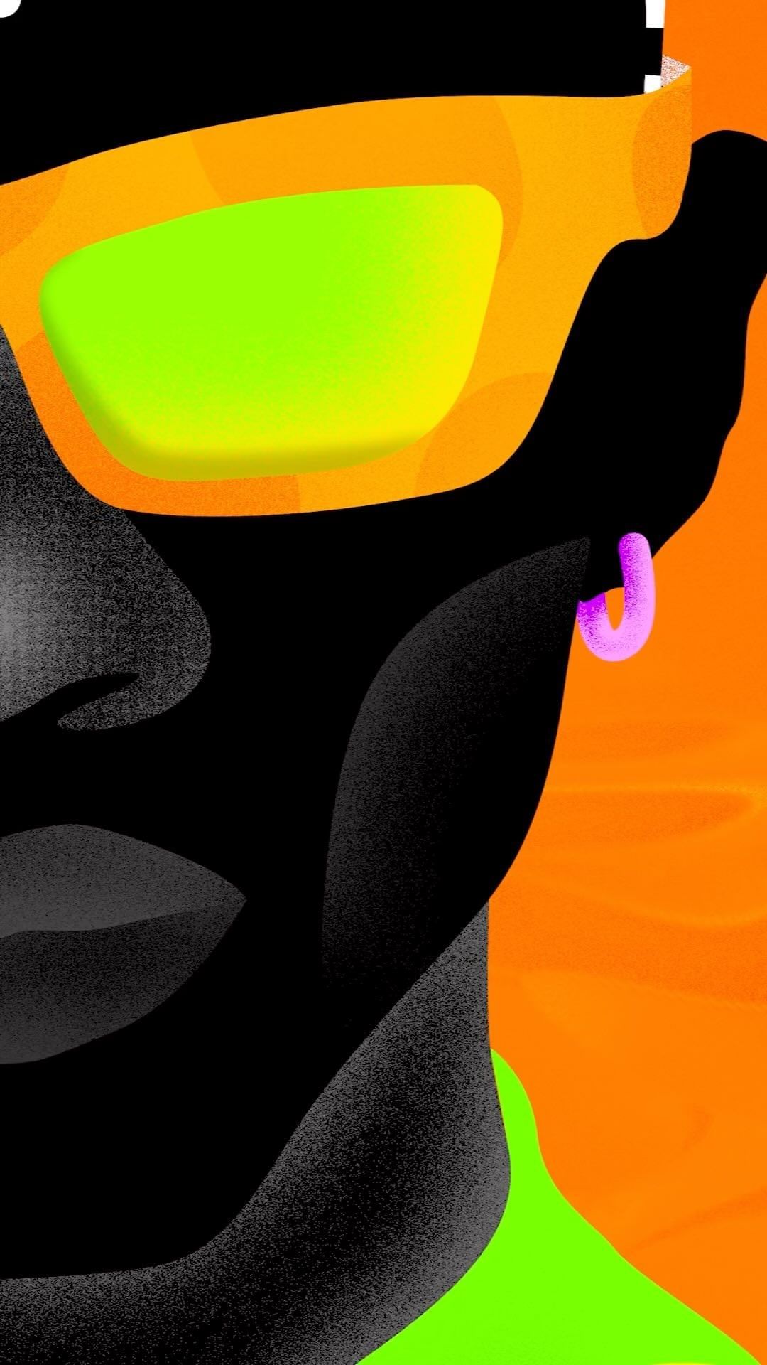 Illustration of a person with neon green sunglasses and collar against an orange background, showcasing a vibrant, modern aesthetic.