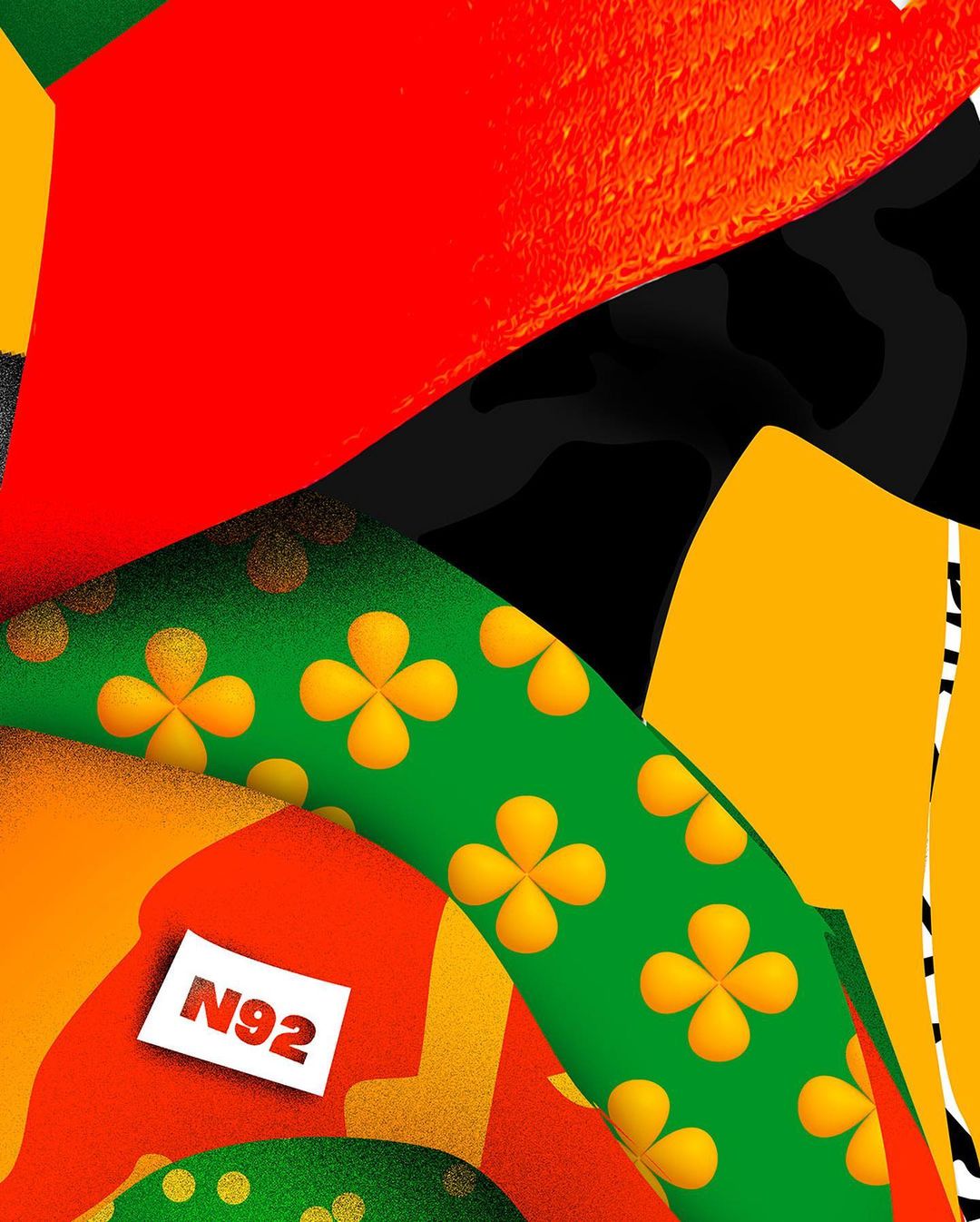 Vibrant abstract art featuring geometric shapes and patterns in red, yellow, green, and black, creating a visually dynamic composition.