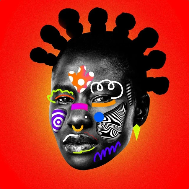Close-up portrait of a woman with graphic art makeup on an orange background, showcasing creative beauty and artistic face enhancement.